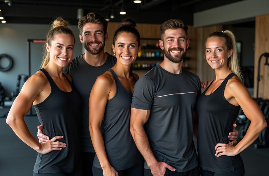 L’équipe Fitness Élan posant dans la salle, souriante et dynamique